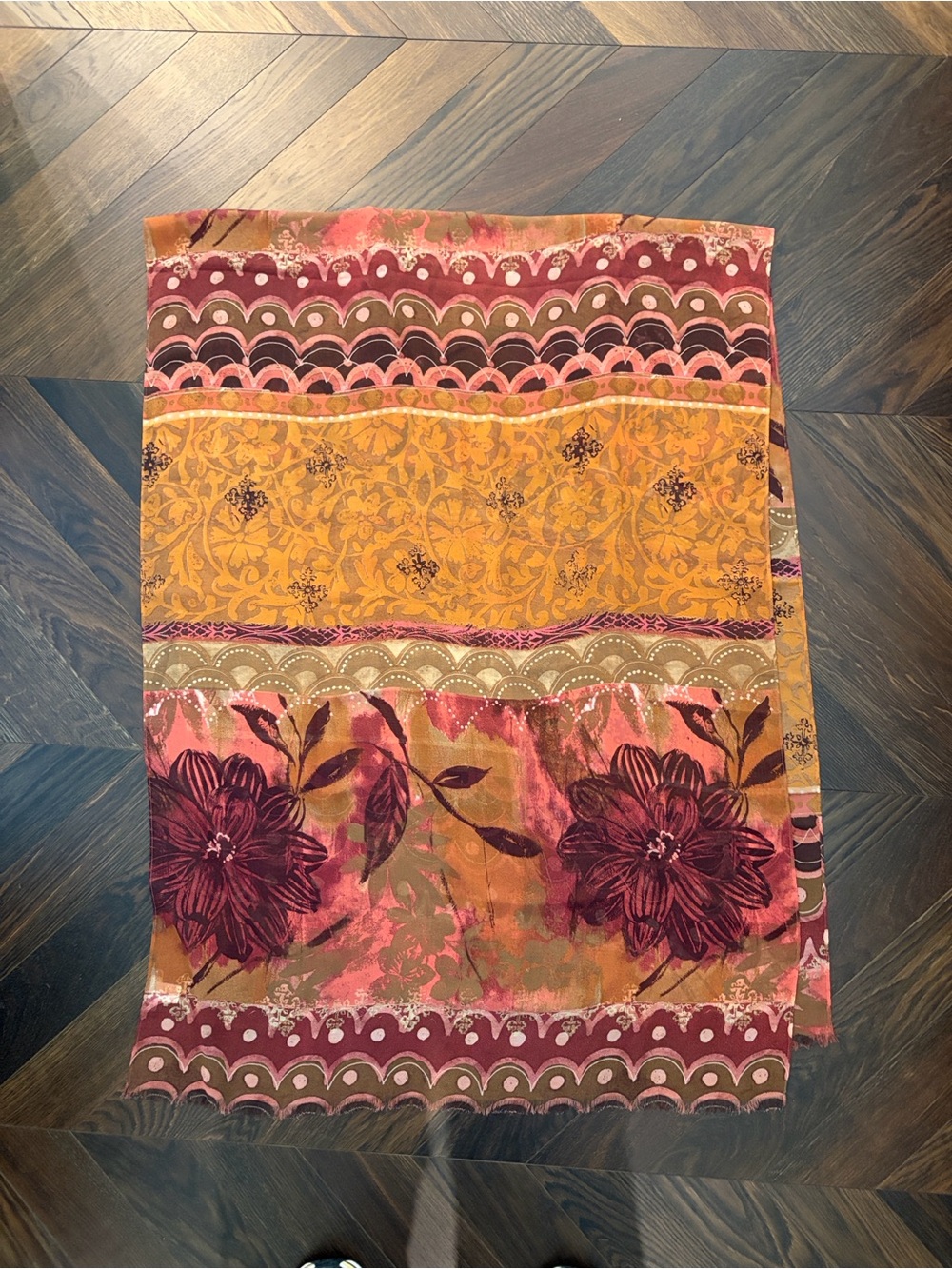 Nordstrom Lightweight Floral Pattern Scarf Mustard/Rose/Aubergine Eyelash Trim